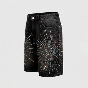 Men's High Waist Rhinestone Embellished Bermuda <b>Shorts</b> Street Style <b>Sequined</b> Denim <b>Shorts</b> Button Fly Woven Fabric - Product Image 1