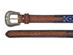 Cinturón Vaquero Occidental Vintage de Cuero Genuino Hecho a Mano, 38mm de Ancho, Longitud Personalizada, Hebilla de Pasador, Alta Resistencia, Duradero, con Incrustaciones de Cuentas Azules - Product Image 3
