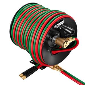 Enrouleur de tuyau de soudage rétractable manuel à manivelle 1/4 pouce x 100 pieds, double tuyau en caoutchouc oxygène-acétylène - Product Image 1