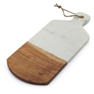 Planche à découper élégante en marbre blanc et bois d'acacia avec poignée en forme de pagaie à grain naturel contrastant, livrée avec corde de suspension en jute - Product Image 2