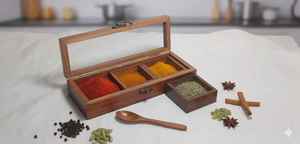 Premium Wooden Spice Storage <b>Box</b> with Three Compartments Transparent Cover and Secure Clasp for Kitchen Masala Organization <b>Box</b> - Product Image 2