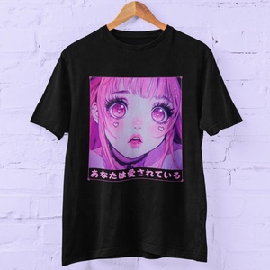 Camiseta de algodón de manga corta con estampado de chica anime rosa para hombre, cuello redondo, corte regular, estilo casual, top de jersey para streetwear. - Product Image 3
