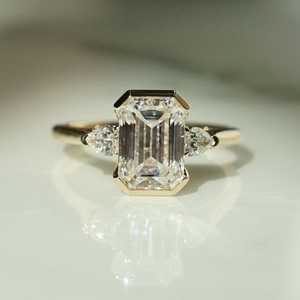 Lab Grown 2.02CT Emerald Cut Diamond Three Stone <b>Ring</b> for Women's 14K Solid Gold Fine Wedding Surprise Gift for Girlfriend - Product Image 1