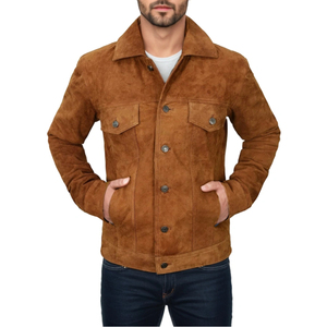 <b>Men's</b> Brown <b>Suede</b> Leather <b>Jacket</b> Casual Winter Wear Stand Collar Regular Fit Single Breasted Zipper Closure - Product Image 6