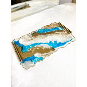 Handcrafted Round <b>Epoxy</b> Resin Serving Tray With Gold Branch Handles White Agate Geode Platter For <b>Coffee</b> <b>Table</b> Living Room Decor - Product Image 2