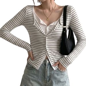 Compre un cárdigan a rayas de alta calidad para mujer, de manga larga, tejido acanalado, ajustado, informal, con botones. - Product Image 4