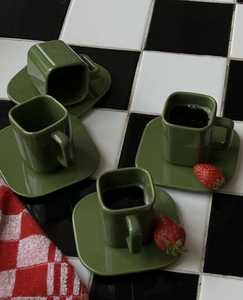 Green Ceramic <b>Mug</b> Set With Square Saucers Heat Resistant Dishwasher Safe For Afternoon Tea - Product Image 1