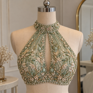 Elegant Women's Formal Short <b>Halter</b> Tank <b>Top</b> with Sequined Floral Embroidery Chiffon Fabric Pearl Beading <b>Green</b> Color - Product Image 2