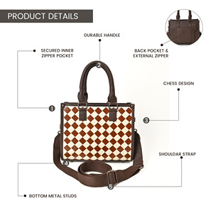 Fashion Brown white Checkered Leather Tote <b>Bag</b> for Women Designer Crossbody <b>Shoulder</b> Handbag with Adjustable <b>Strap</b> - Product Image 4