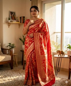 Sari rojo de seda Banarasi con trabajo de zari dorado, ropa étnica tradicional para mujer, corte regular, para ocasiones de boda 85276 SHUBH- SF-1104 - Product Image 3