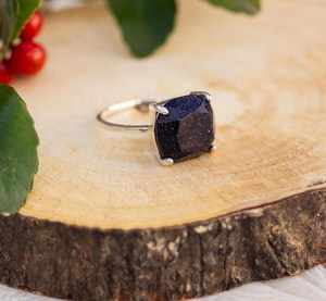 Anillo Grande de Piedra Arenisca Azul, Plata de Ley 925, Chapado en Oro Amarillo, Joyería con Gema Audaz, Anillo de Moda Único - Product Image 2