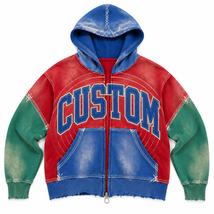 Sweat à capuche zippé personnalisé pour homme, style patchwork color block hiver, coupe oversize, en molleton de coton épais, streetwear, avec appliqué graphique et effet vieilli - Product Image 1