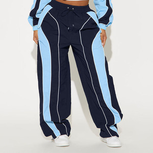 Ensemble de survêtement deux pièces pour femme, coupe ample, style sportif, avec veste et pantalon, à rayures bleu marine et blanc, color block, longueur intégrale, personnalisé - Product Image 4