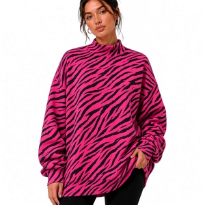 Sudadera de cuello alto extragrande para mujer, rosa, negra, con estampado de cebra, manga larga, tejida, estilo otoñal, con bolsillos - Product Image 1