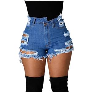 Shorts de Mezclilla Desgarrados Sexys, Nueva Tendencia de Verano, Cintura Alta, con Flecos, Corte Recto, Ajuste Regular, Tela de Algodón Azul, Ecológicos - Product Image 2