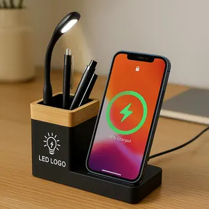 Bamboo Desktop Pen Holder with Wireless Charger Minimalist Office Organizer Rectangle Shape <b>Tabletop</b> Mount <b>Storage</b> Rack - Product Image 2