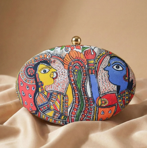 Premium Madhubani Oval Clutch Metal <b>Frame</b> Hard Case Satin Fabric Outer Raw Silk Lining with Crystal Closure - Product Image 3