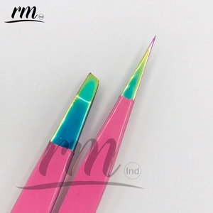 Pinzas inclinadas de acero inoxidable de colores surtidos RMI Wholesale, juego de 4 piezas con punta de plasma múltiple y pinzas para cejas con recubrimiento en polvo rosa - Product Image 5
