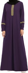 Abaya violette pour femme, manches longues, longueur ras du sol, broderie géométrique, robe modeste, style Moyen-Orient, tenue quotidienne, coupe ample - Product Image 1