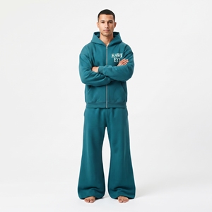 Men's Relaxed Fit Drop Shoulder Full Zip Tracksuit Two Piece Set <b>Wide</b> <b>Leg</b> <b>Jogger</b> 100% Cotton Fleece Custom Logo - Product Image 2
