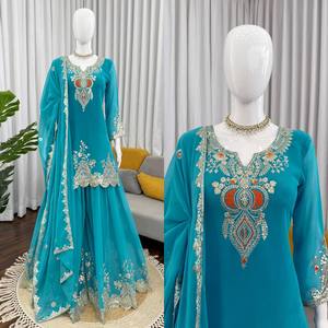 ชุดสัลวาร์ คามีซปักลายสีเทอร์ควอยซ์สำหรับผู้หญิง ชุดอินเดียแบบดั้งเดิม พร้อมผ้าคลุมไหล่เข้าชุด เหมาะสำหรับงานแต่งงานและงานปาร์ตี้ - Product Image 4