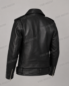 Mens Black Lambskin Motorcycle Jacket Classic Asymmetric Zip Perfecto Style <b>Wide</b> Lapel <b>Belted</b> Waist Zip Cuffs Rider - Product Image 4