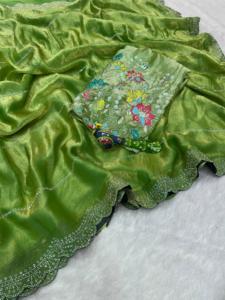 Sari de seda Fandy con cuentas y trabajo Magam, diseño de diseñador para fiestas y bodas, con blusa de seda Fandy con trabajo Saroski. - Product Image 4