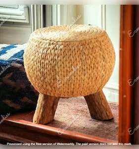 Elegant Bamboo Farmhouse Antique Round Ottoman with Bone Inlay Console Sofa Foot <b>Stool</b> Legs for Living Bedroom Apartments - Product Image 3