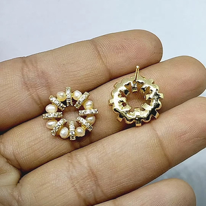 Gold Plated Pearl Floral Stud Earrings Round Flower Design Elegant Women <b>Jewelry</b> - Product Image 3