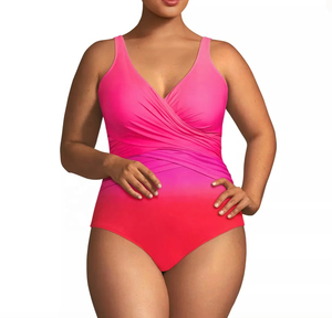 Women's Plus Size One Piece Swimsuit Deep V <b>Neck</b> Gradient Color Twisted Draped High Waist Spandex Polyester Bathing Suit - Product Image 5