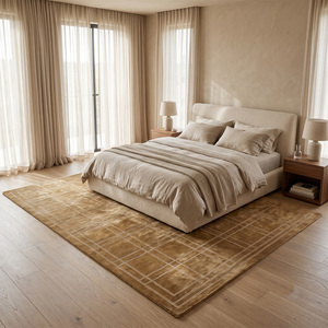 Tapis en laine beige taupe à carreaux écologique antidérapant, motif géométrique linéaire minimaliste pour salon, chambre et hôtel - Product Image 3