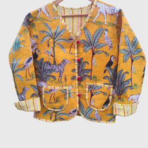Abrigo Acolchado de Algodón con Estampado Tropical Amarillo para Mujer Talla Grande, Chaqueta Bohemia con Botones en la Parte Delantera y Manga Larga - Product Image 1