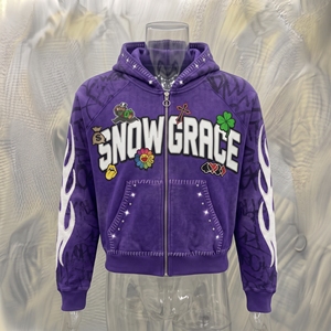 Sweat-shirt à capuche zippé Snowgrace avec imprimé lettres en strass, coupe oversize, unisexe, décontracté, pour l'hiver, manches régulières, en polaire - Product Image 3