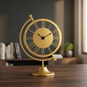Reloj de Escritorio Tradicional de Latón, Diseño Circular, Acabado Dorado, Soporte de Tres Patas, Movimiento de Salto, Agujas Luminosas, Proyección - Product Image 3