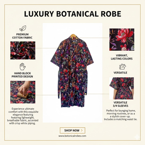 Bata Kimono Floral Negra Ecológica para Mujer, Cuello en V, Mangas Largas, Largo Completo, 2 Bolsillos Delanteros, Ropa de Dormir, Ropa de Estar por Casa Sostenible - Product Image 6