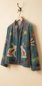 Anayra Craft Vintage Light Blue <b>Velvet</b> Suzani Floral Embroidered Blouson <b>Jacket</b> Rabbit Pattern Boho Full Sleeve Stand <b>Women</b> - Product Image 2