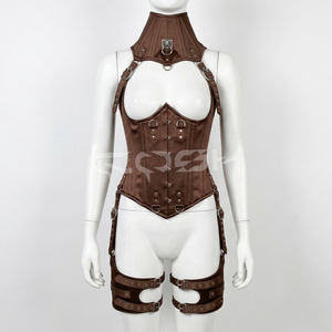 คอร์เซ็ตผ้าซาตินสีน้ำตาลเสริมโครงเหล็กแบบ Underbust พร้อมคอร์เซ็ตคล้องคอและสายรัดต้นขาปรับได้ - Product Image 3