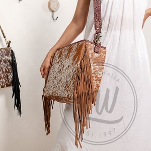 Unique Western Style Tooled Hair On Hide Fur Leather Fringe <b>Tote</b> Bag Women Embossed Color Print Fur Leather Vintage Underarm Bag - Product Image 2