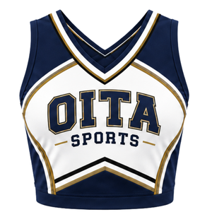 Haut court de cheerleading bleu marine et blanc doré pour femme, sans manches, col en V, pour performance athlétique, uniforme d'équipe de cheerleading, compétition - Product Image 1