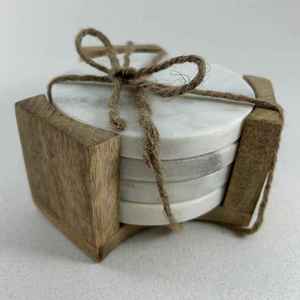 Marble Coaster Set With Wooden Holder Natural Stone Design For Coffee Table Protection Home Decor Tea Coffee Use - Product Image 3