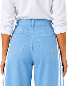<b>Light</b> Blue Women High Waist Wide Leg Denim Jeans With White Side Stripe Loose Fit Cotton Denim Pants Casual Streetwear <b>Trousers</b> - Product Image 4