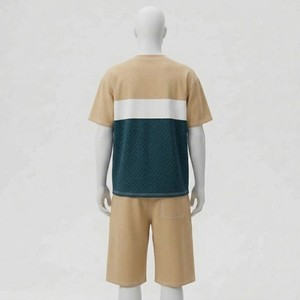 ชุดเสื้อยืดกางเกงขาสั้นผู้ชายสีสันตัดกัน คอวี ผ้าฝ้ายถัก สวมใส่สบายๆ ชุดลำลองฤดูร้อน ระบายอากาศได้ดี ชุดกีฬา ราคาขายส่ง - Product Image 4