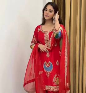 <b>Women</b> Traditional Red Embroidered <b>Kurta</b> Set with Dupatta Indian Pakistani Salwar Suit Natural Crape Silk Sequence Embroidery Set - Product Image 1