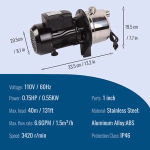 Pompe à jet pour puits peu profond en acier inoxydable 3/4 HP, 18,5 GPM, 131 pieds, 110 V - Product Image 2