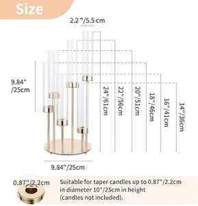 Candélabres en métal doré à 6 bras avec manchon cylindrique transparent amovible, 24 pouces de haut - Product Image 3