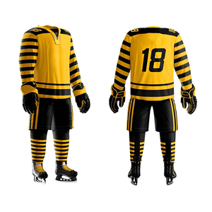 Ensemble d'uniformes de hockey sur glace personnalisés, jaune et noir à rayures, motif tête de mort, maillot sublimé en polyester/coton, pantalon, chaussettes, fermeture à lacets - Product Image 1