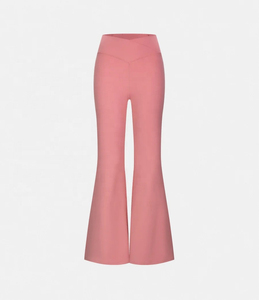 <b>High</b> <b>Waist</b> <b>Flared</b> Leg Yoga <b>Leggings</b> Ankle-Length Solid Pink Spandex Nylon Seamless Elastic <b>Waist</b> - Product Image 2