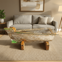 Table basse de rangement décorative en bois de bateau récupéré, écologique, avec plateau en verre, couleur naturelle, artisanale, meuble vintage pour la maison