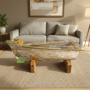 Table basse en bois de bateau récupéré avec plateau en verre, couleur originale, artisanale, style vintage antique pour la maison, la cuisine, le salon - Product Image 3