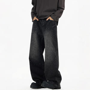 Pantalon en jean délavé à jambe large pour homme, taille mi-haute, coupe ample, style décontracté, en coton noir, idéal pour l'automne - Product Image 4